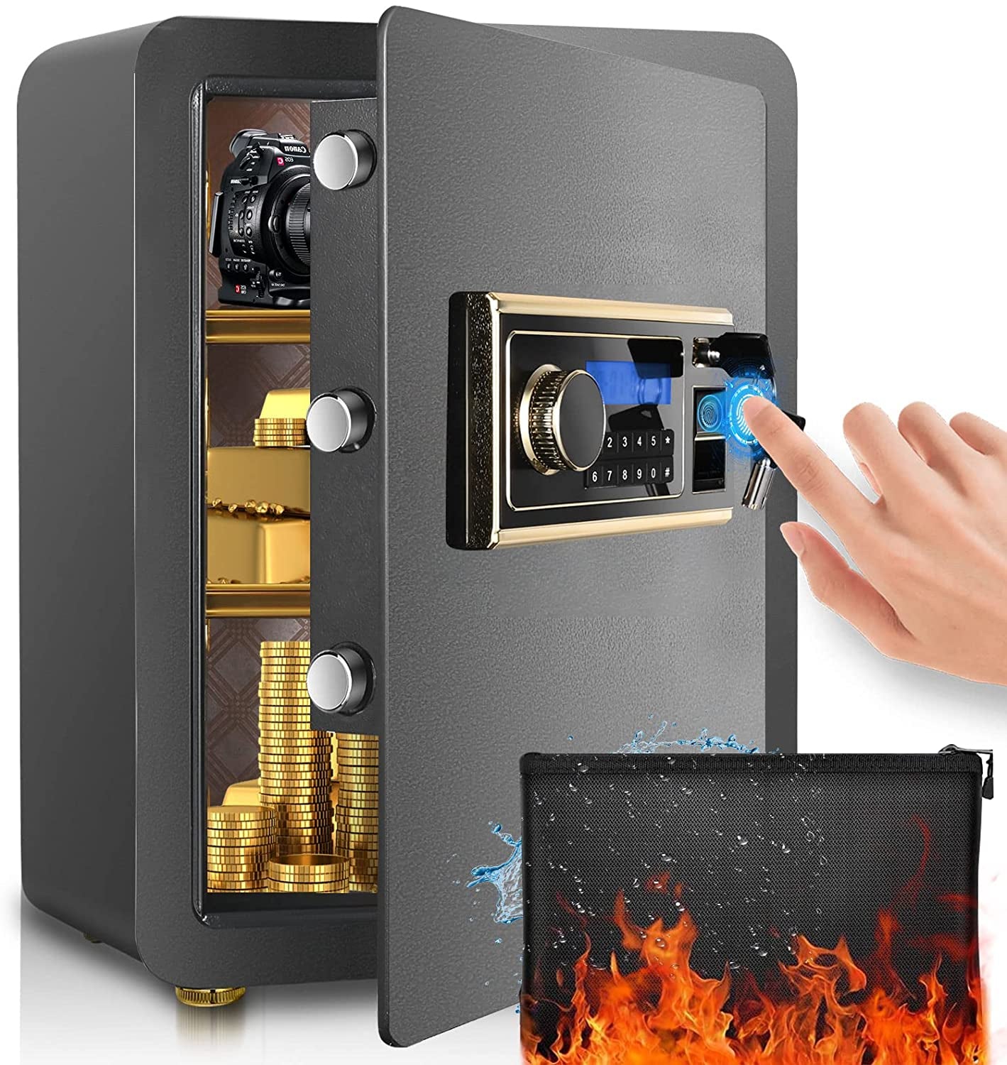 Fireproof Safe Biometric Safe Box Fireproof Waterproof 2.5 Electronic Digital Security Safe with Fireproof Money Bag(14 * 10") Fire Proof Safe Boxes for Home Office - Prep Shelter